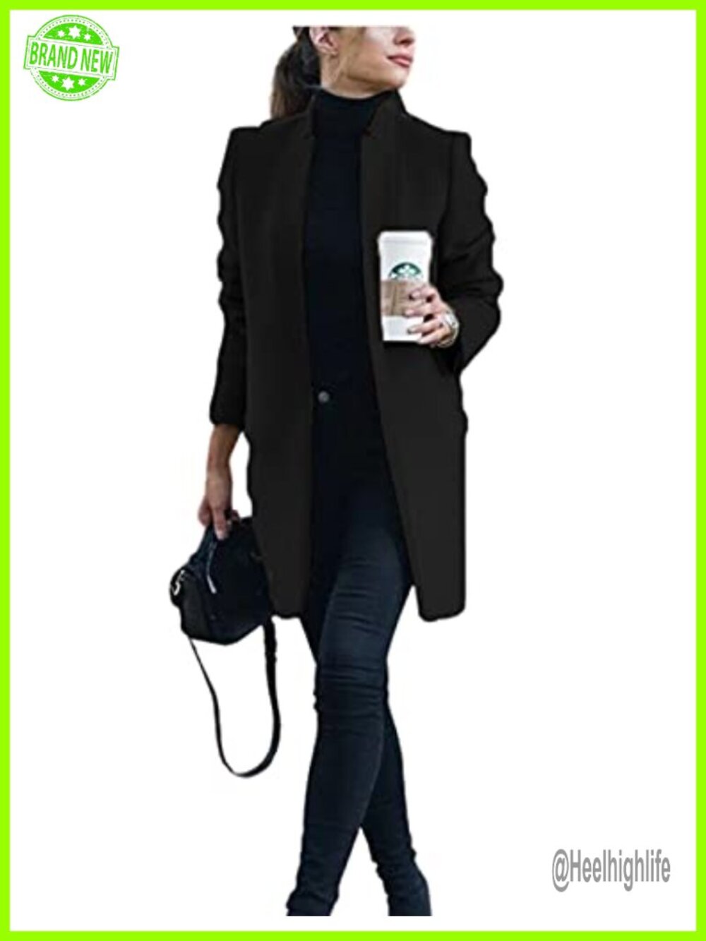 Wool Blend Pea Coat Stand Collar Mid Long Slim Fit Button Winter Warm